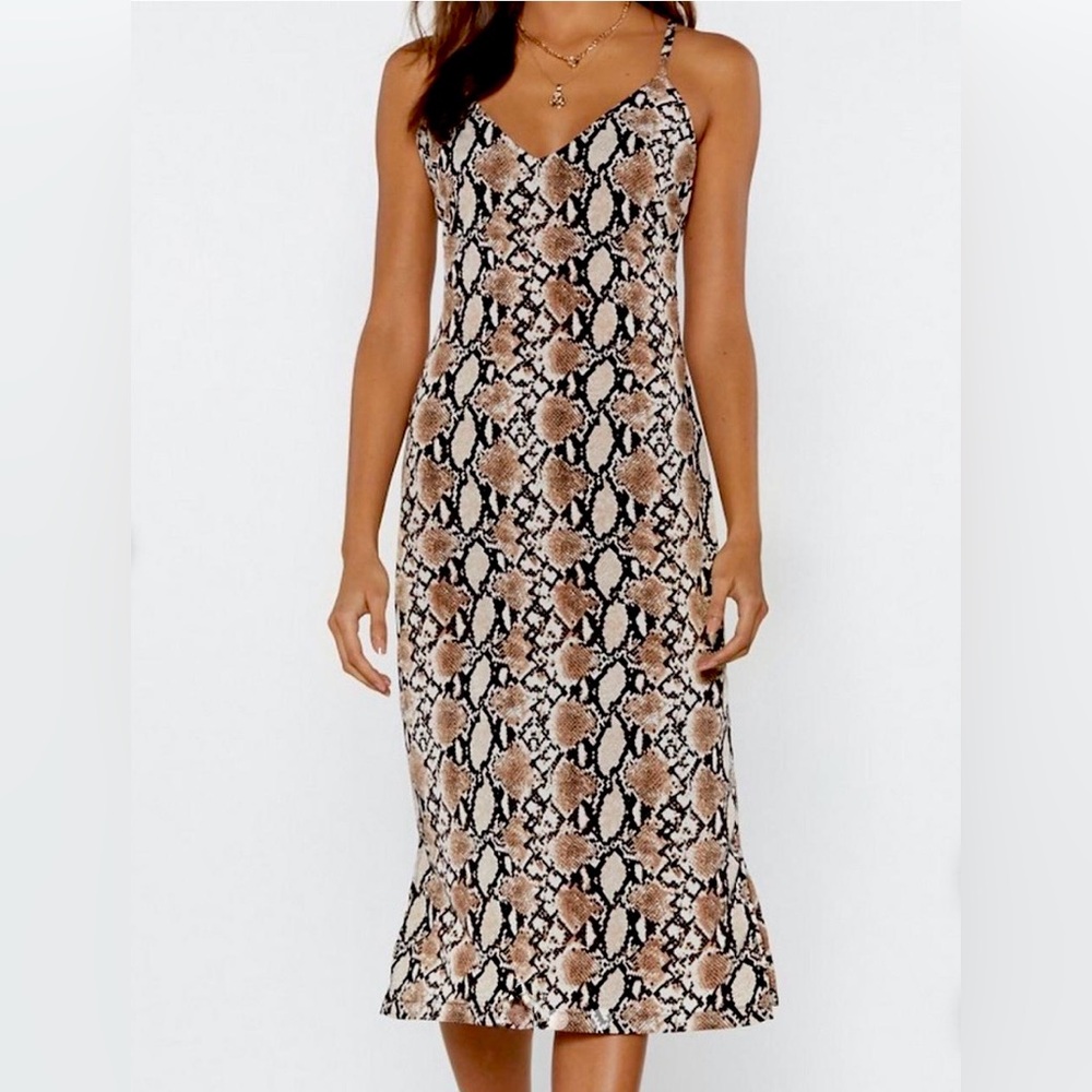 NEW Veronica M Snake Print A Line Midi Slip Dress Size Medium Brown Black